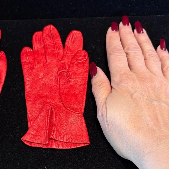 Kids Red Leather Gloves with Gold Button Detail - Picture 2 of 2